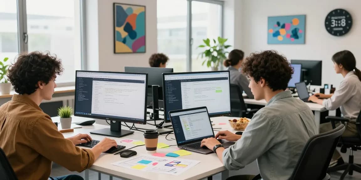 Build internal tools with AI during collaborative software development in a modern workspace.