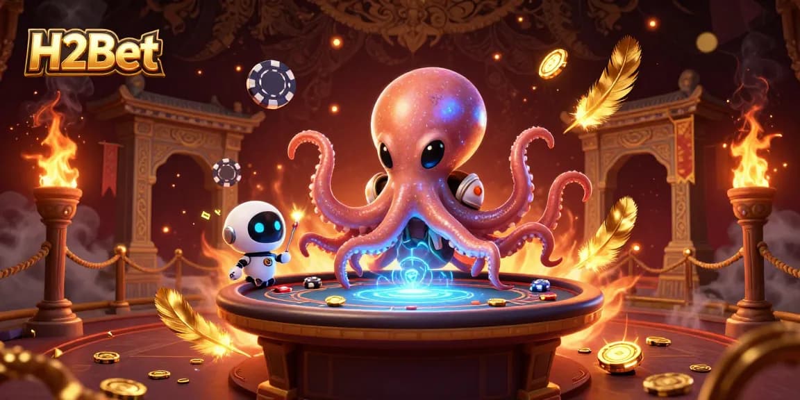 H2Bet poker table scene featuring an alien octopus and robot in a dynamic casino environment.