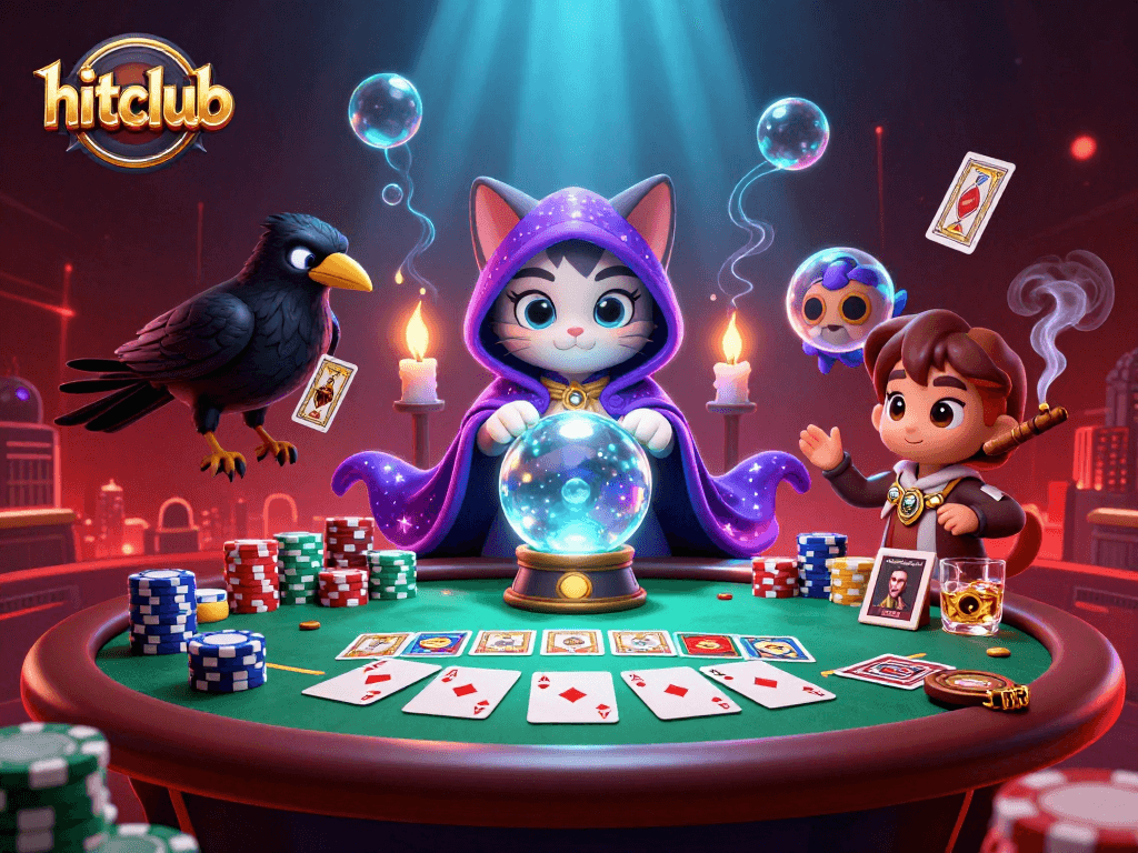 Engage with hitclub’s thrilling poker scene featuring a mystical cat, raven, and vibrant game elements.