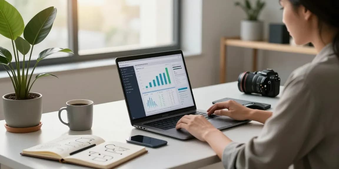 Professional using an AI laptop at a modern workspace with data analysis tools and a warm inviting atmosphere
