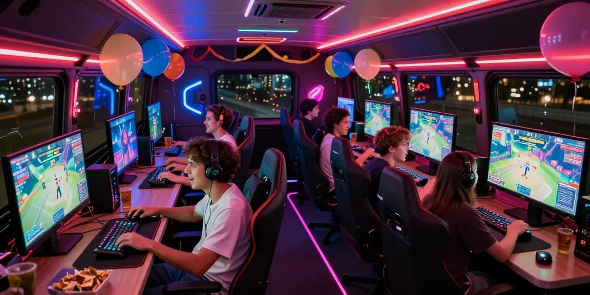 Gaming bus party with friends enjoying competitive gameplay and vibrant atmosphere.