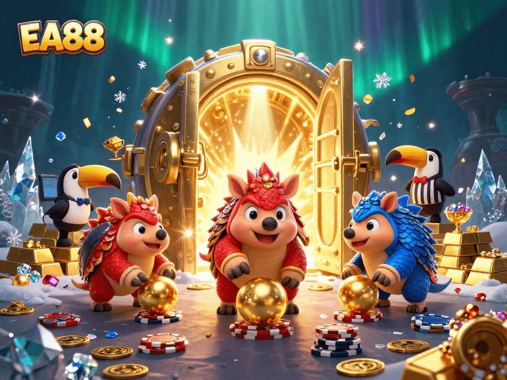 Engage with EA88 for thrilling wins in this vibrant casino scene of Pangolins competing.