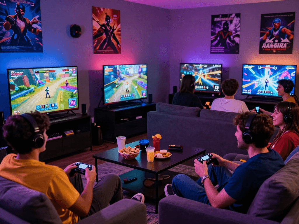 Players enjoying a porngame in a cozy gaming setup with vibrant graphics and snacks