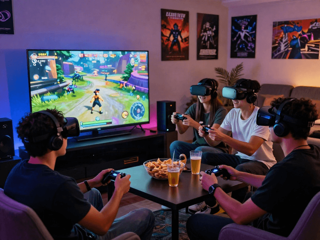 Exciting group gaming session showcasing real porn games with friends in a vibrant space