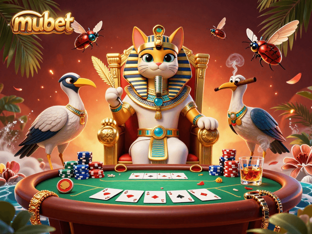 Experience thrilling poker action with mubet's vibrant Egyptian-themed illustration, showcasing rich casino elements.