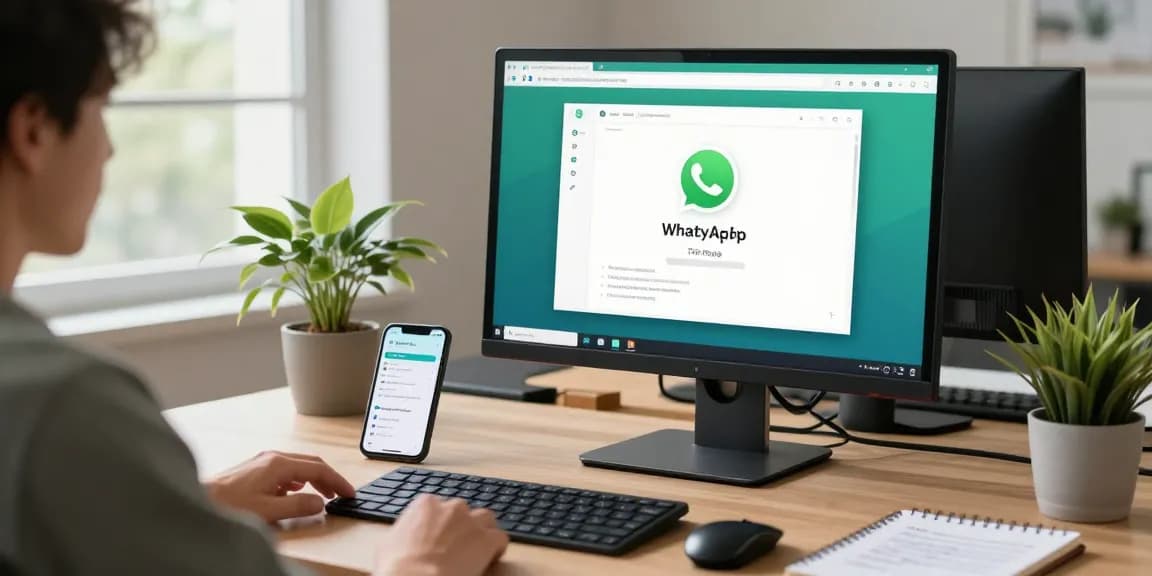 Engaging with WhatsApp電腦版 in a modern home office setup, featuring a computer display, smartphone notifications, and a productive atmosphere.