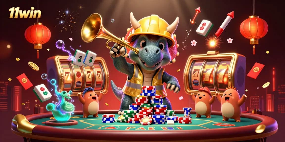 11win showcases a vibrant 3D casino scene with dinosaurs and gambling elements celebrating wins