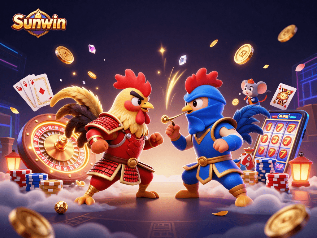 Sunwin's exciting 3D duel of rooster champions amidst a vibrant casino atmosphere.