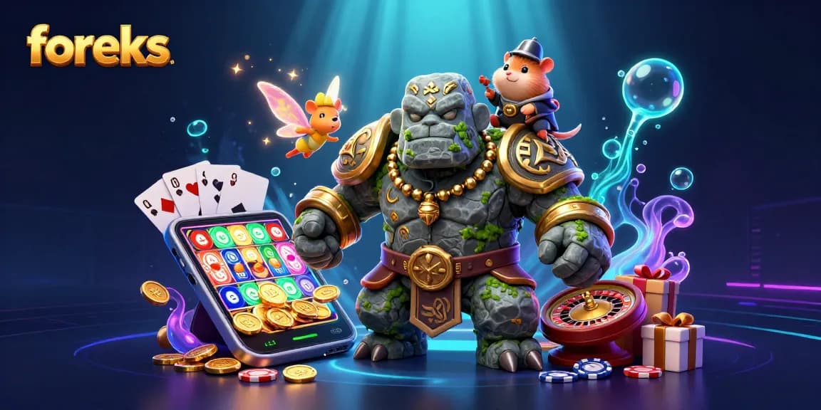 Engage in thrilling slot adventures with foreks, featuring a magical scene of a golem and friends.
