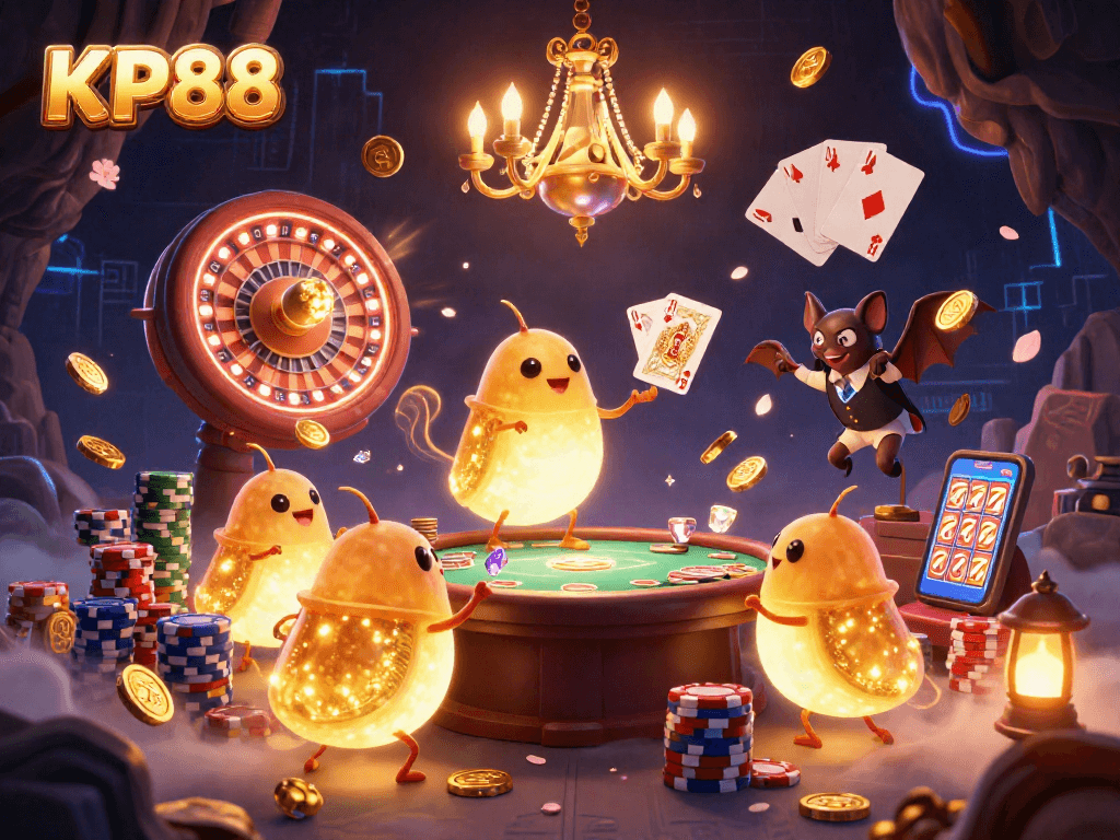 Experience thrilling gameplay at KP88 with a vibrant casino scene featuring glowing characters and games.