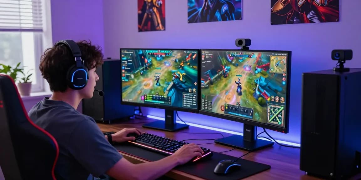 Enthusiastic player engaged in rokok88 gaming competition at home setup with dynamic LED lights and vibrant graphics.