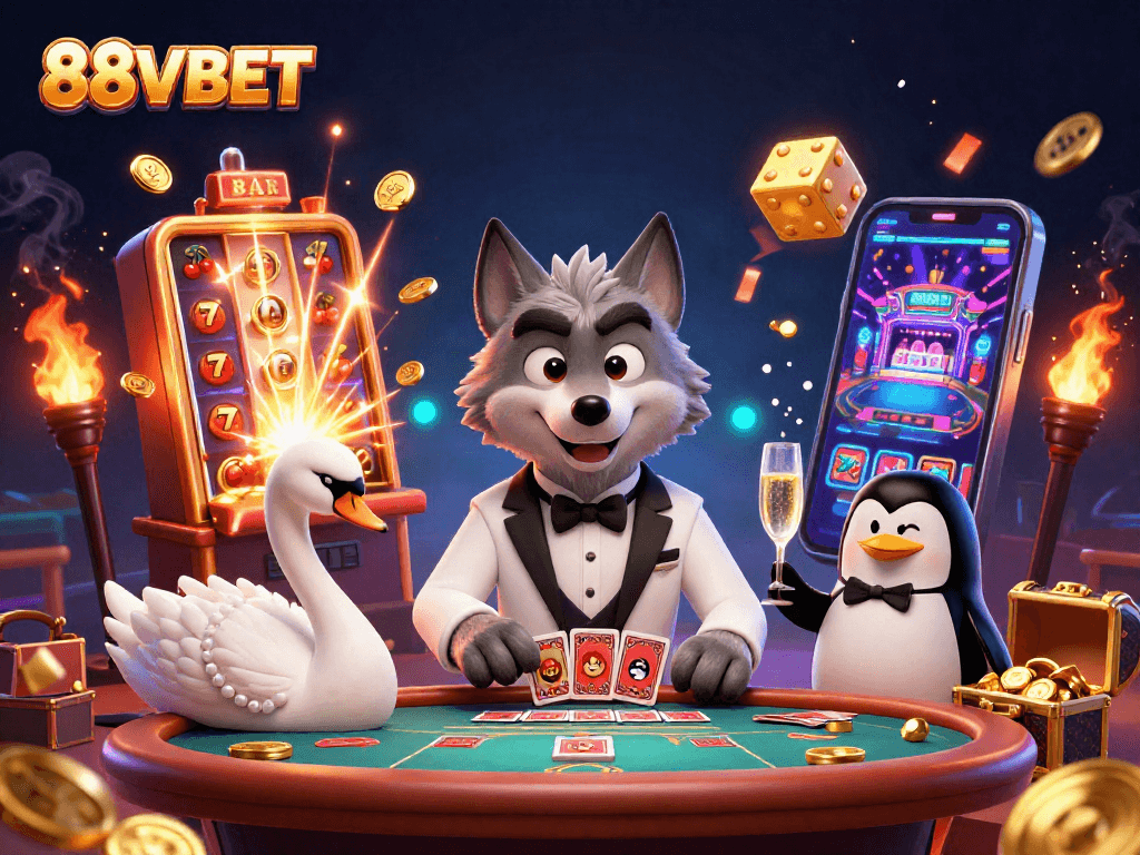 Experience excitement with 88VBET as a wolf, swan, and penguin enjoy casino thrills and wins.