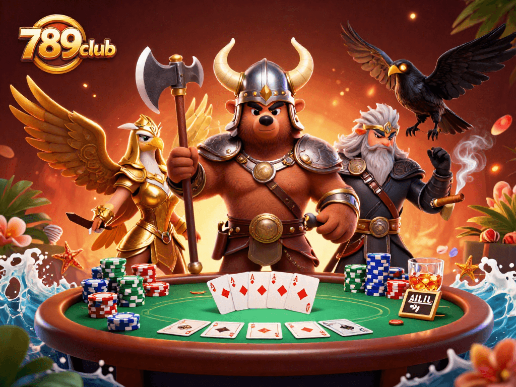 Engage with the thrilling 789club adventure, featuring characters and dynamic poker elements in an exciting gaming scene.