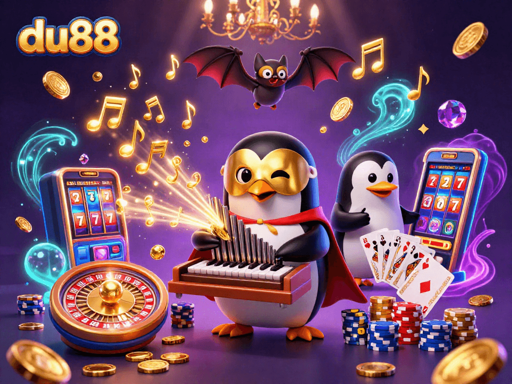 Experience the excitement of du88 with a vibrant casino scene featuring penguins and gold!