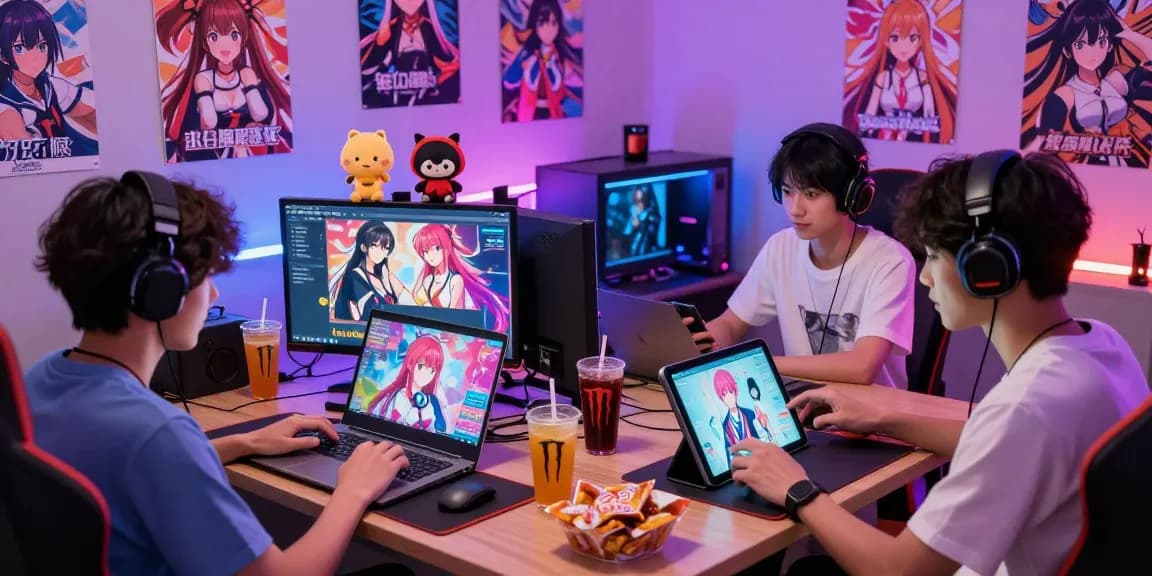 Engaging gamers playing game hentai on multiple devices in a cozy gaming room.