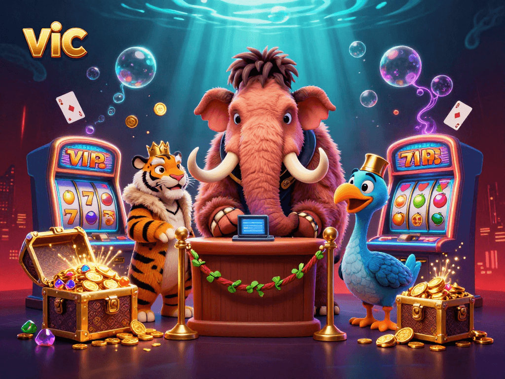 Experience thrilling wins at vic's spectacular casino with a vibrant 3D gaming scene featuring unique characters.