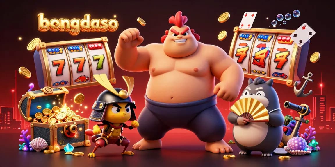 Bongdaso presents a dynamic gaming scene featuring a powerful sumo wrestler and a samurai cricket in action, showcasing a rich array of casino elements.