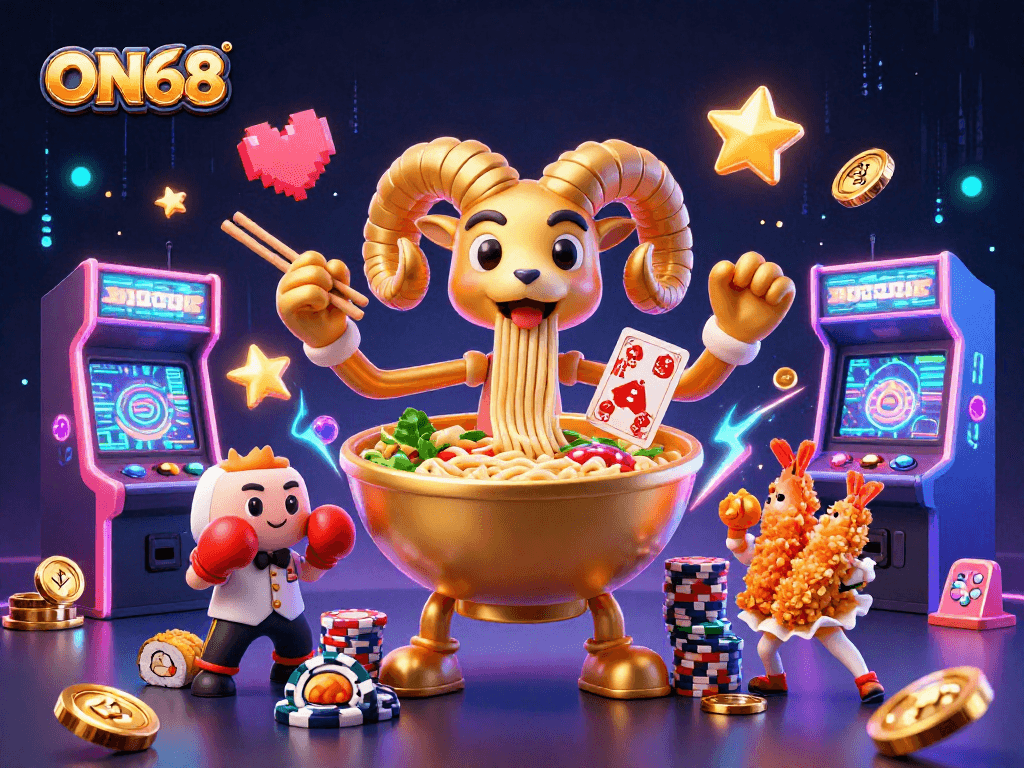 Experience the thrilling world of ON68 as a cartoon ramen bowl deals cards amidst a vibrant casino scene.