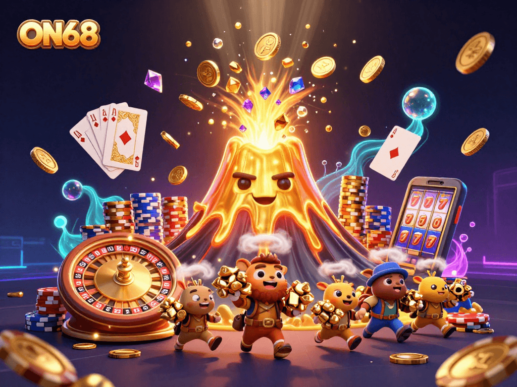 Experience dynamic gameplay at ON68 with a golden volcano erupting treasure amidst casino elements.