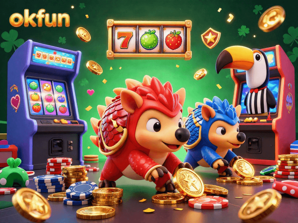 Spin the reels and score big with okfun's vibrant casino action featuring animated pangolins!