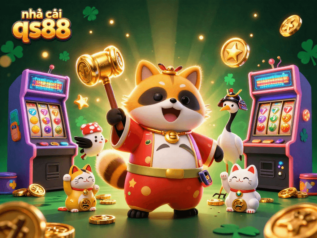 Experience nhà cái qs88 with a joyful tanuki, fortune cats, and exciting casino elements.