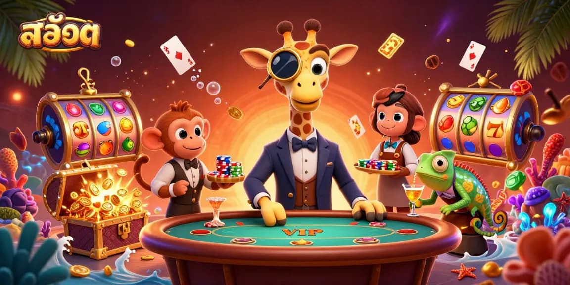Spin the reels and win big with สล็อต in this vibrant casino scene featuring a giraffe and monkey.