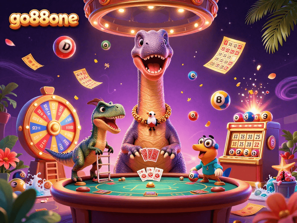 Experience the excitement at go88one, featuring a vibrant brontosaurus amidst dynamic gaming elements.