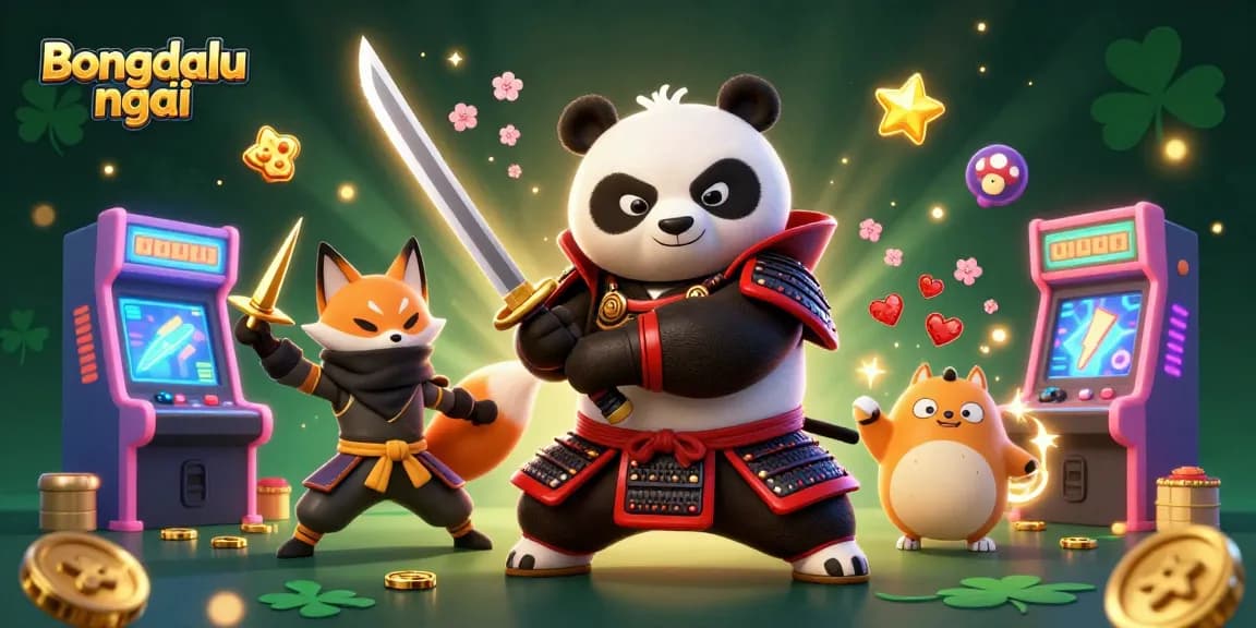Bongdalu mới showcases an action-filled scene with a samurai panda, ninja fox, and spirit tanuki amidst vibrant gaming elements.
