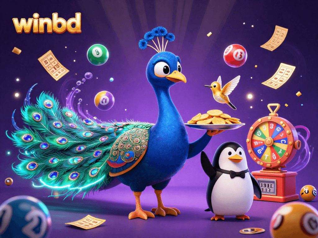 Engage with winbd's vibrant casino experience featuring an aristocratic peacock, a butler penguin, and golden prizes.