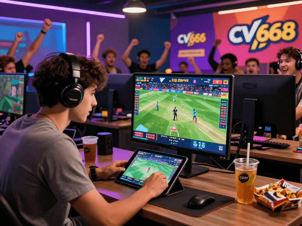 Engaged player enjoying live betting on CV 666 platform with vibrant sports graphics