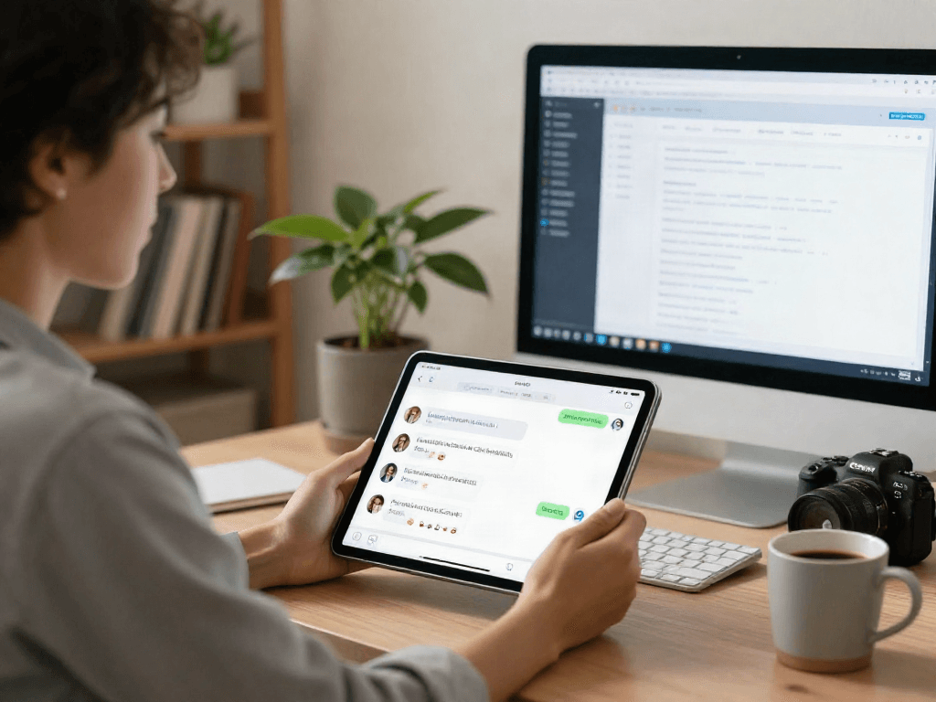 User engaging with nsfw ai chat on tablet in a cozy home office environment.