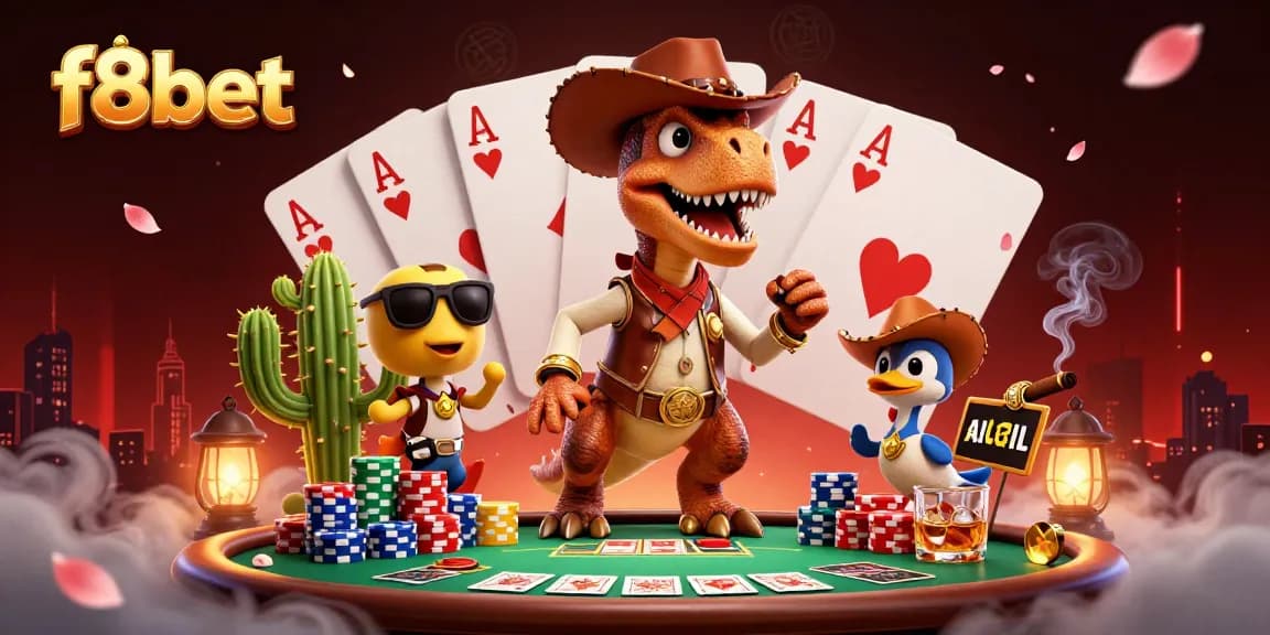 Experience the thrill of f8bet poker with a dynamic scene featuring T-Rex and friends amidst vibrant casino elements.
