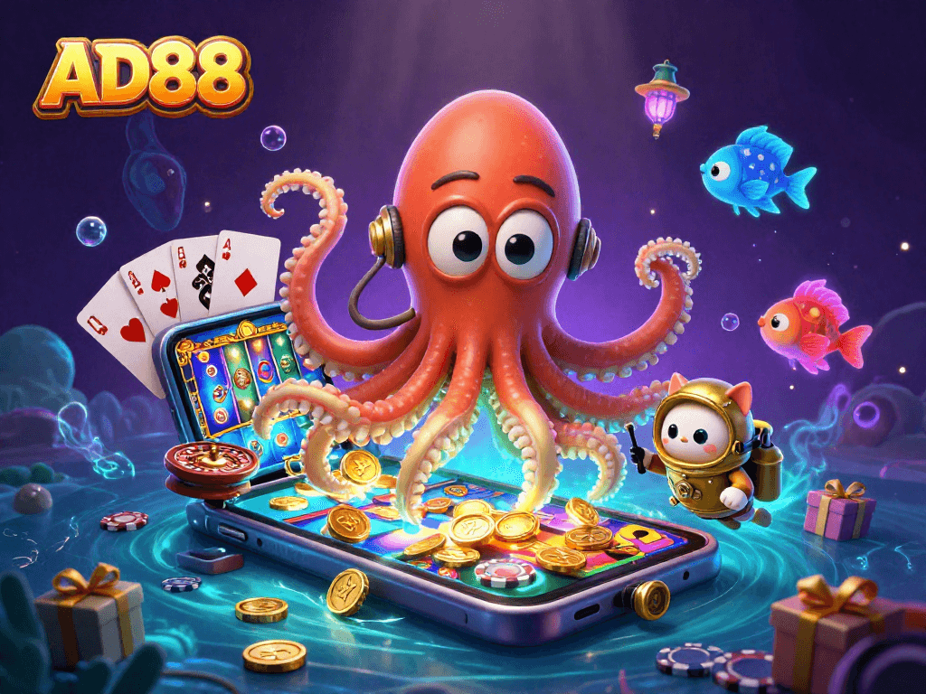 Experience the excitement of AD88 with a lavish underwater casino scene, featuring dynamic characters and engaging slot games.