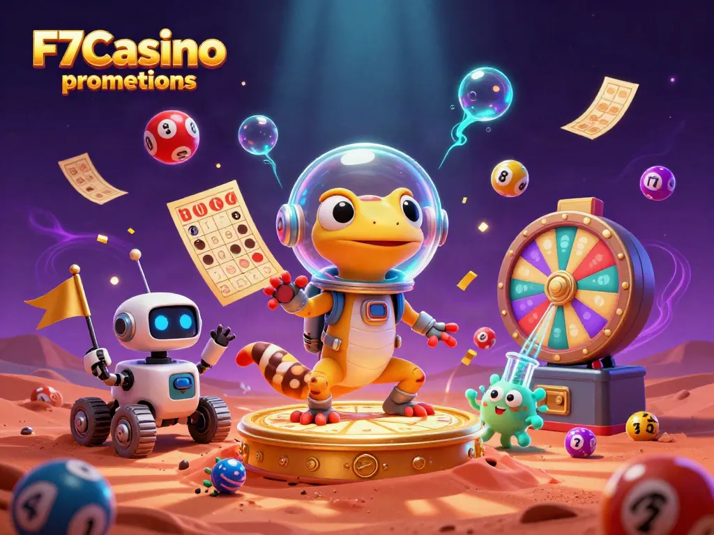 Experience F7Casino promotions with a vibrant illustration of a Martian gecko exploring a golden casino.