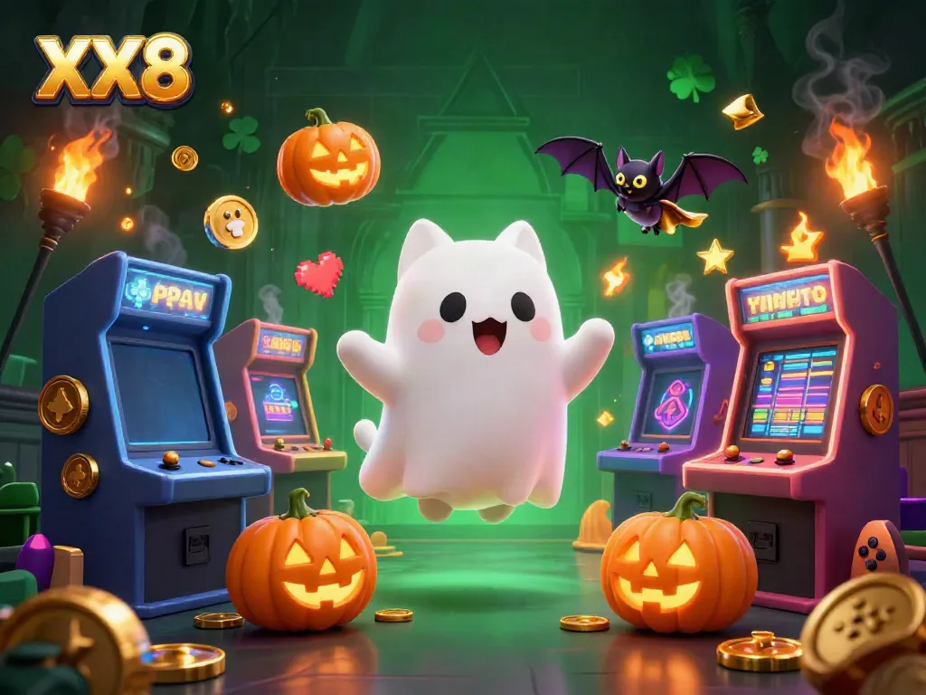 Experience the enticing thrills at XX8 casino with our lively ghost cat mascot and engaging gaming elements.