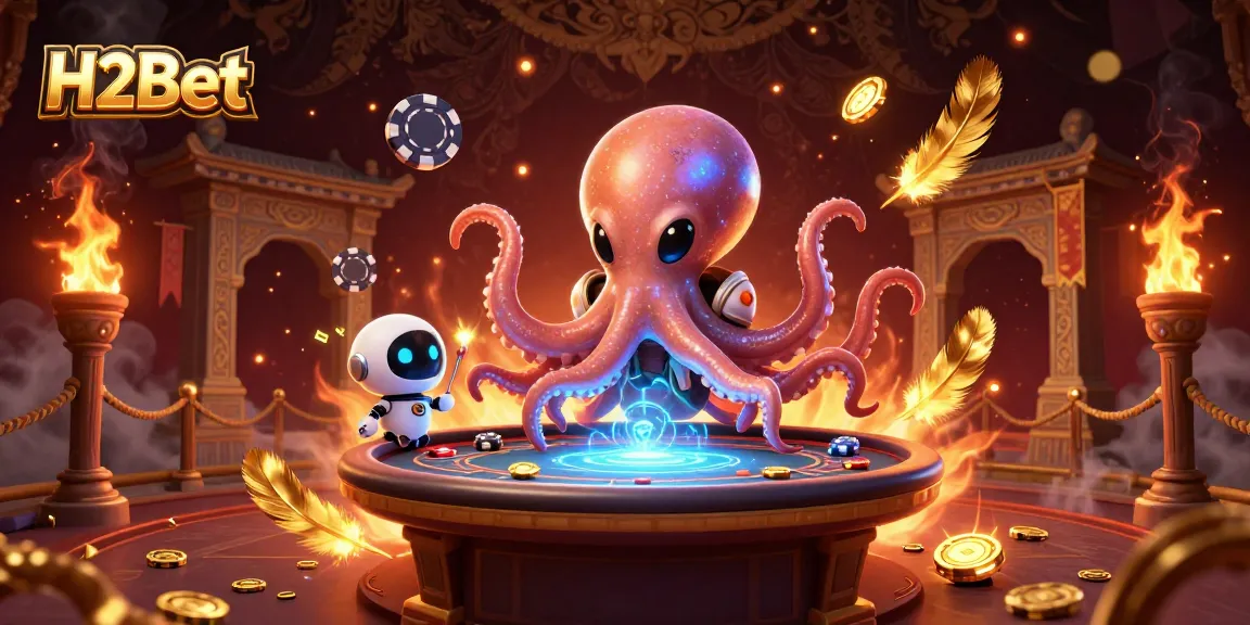 H2Bet poker table scene featuring an alien octopus and robot in a dynamic casino environment.