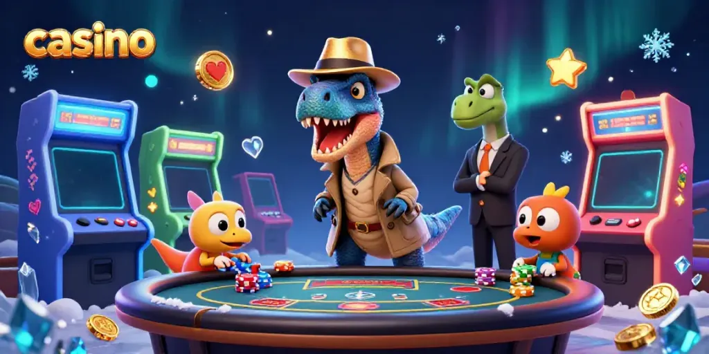 Casino scene with a velociraptor card counter at a blackjack table, surrounded by arcade elements.