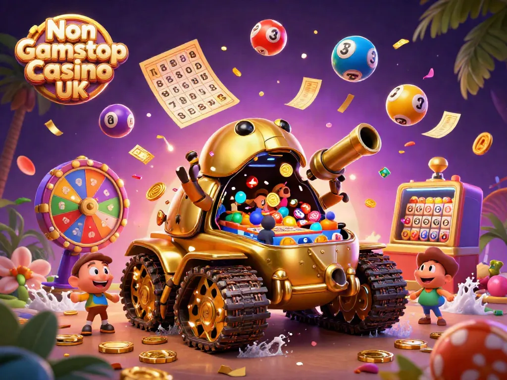 Experience Non Gamstop Casino UK through a dynamic 3D illustration showcasing a golden beetle tank with a mini casino.