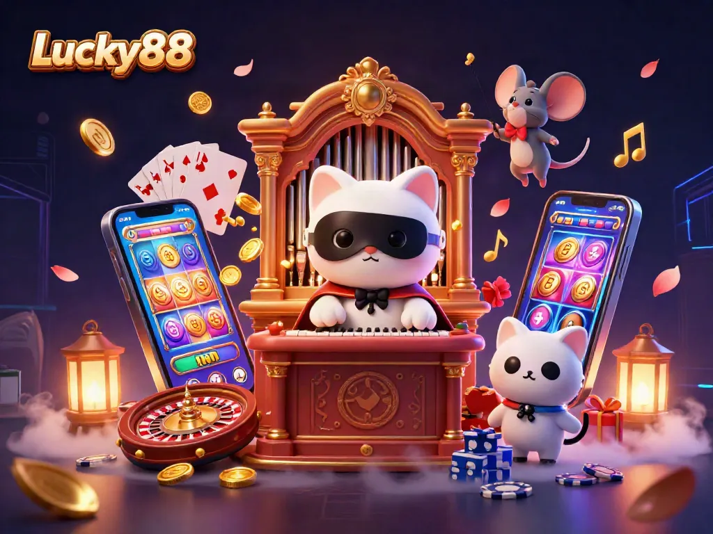 Experience thrilling wins with Lucky88 in a vibrant casino-themed scene showcasing dynamic games and characters.