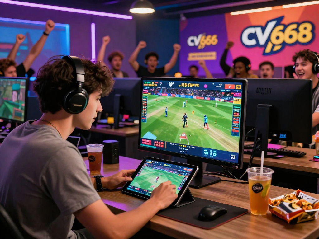Engaged player enjoying live betting on CV 666 platform with vibrant sports graphics