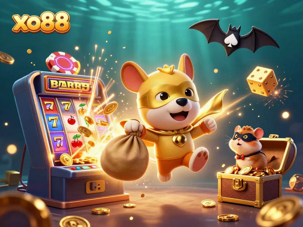 Experience thrilling wins with xo88's cartoon superhero and vibrant casino elements in an exciting scene.