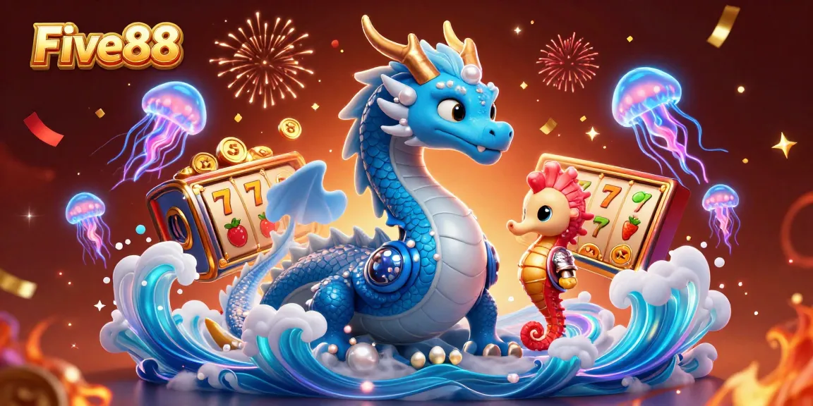 Experience the excitement of Five88 through a vibrant 3D casino illustration, showcasing captivating gaming elements.