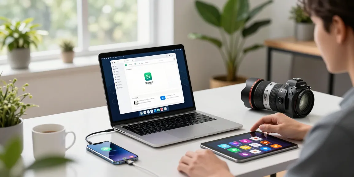 使用爱思助手进行iOS设备管理的现代办公场景，用户使用Macbook操作，周围有手机和数据线等配件。
