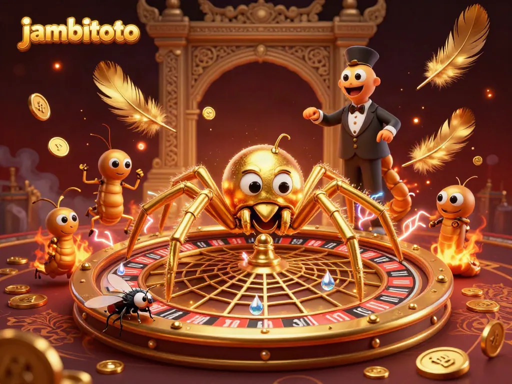 Experience thrilling action with jambitoto as a fly places bets on a roulette wheel web spun by a golden spider.