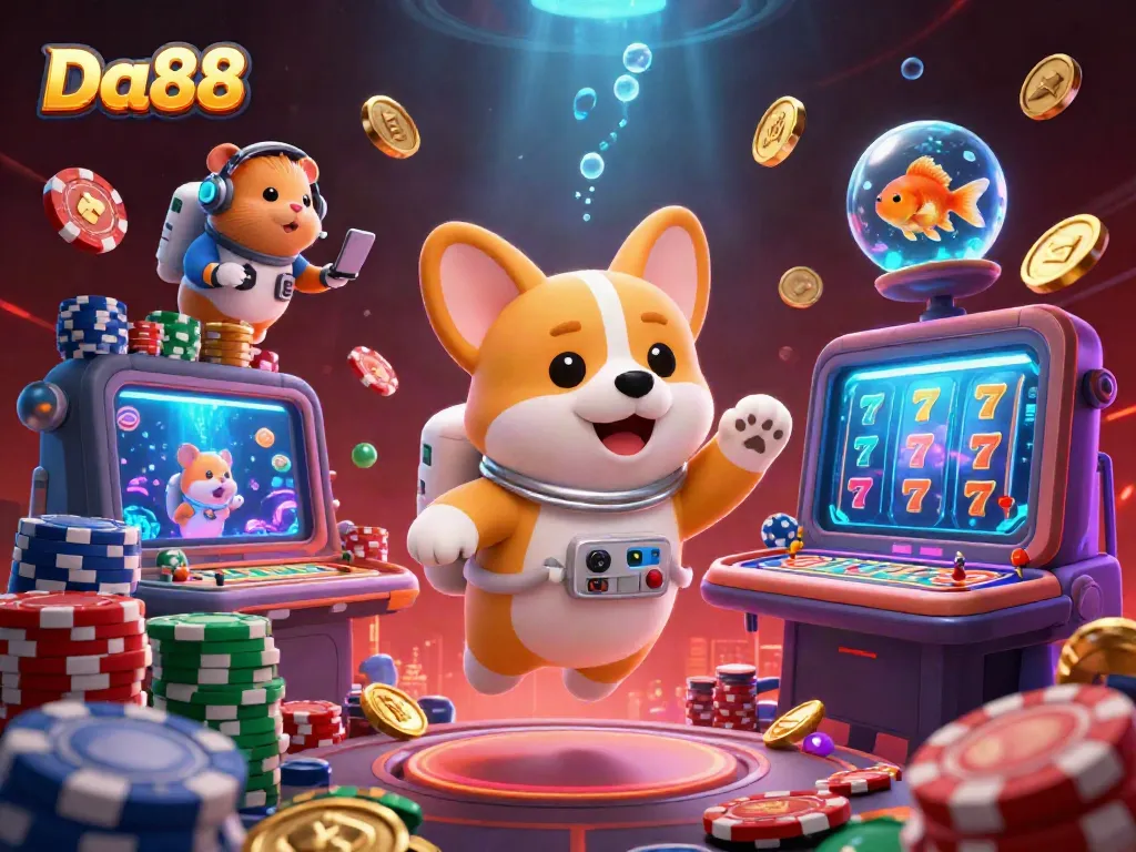 Engaging Da88 casino scene showcasing a floating corgi astronaut among vibrant gaming elements.