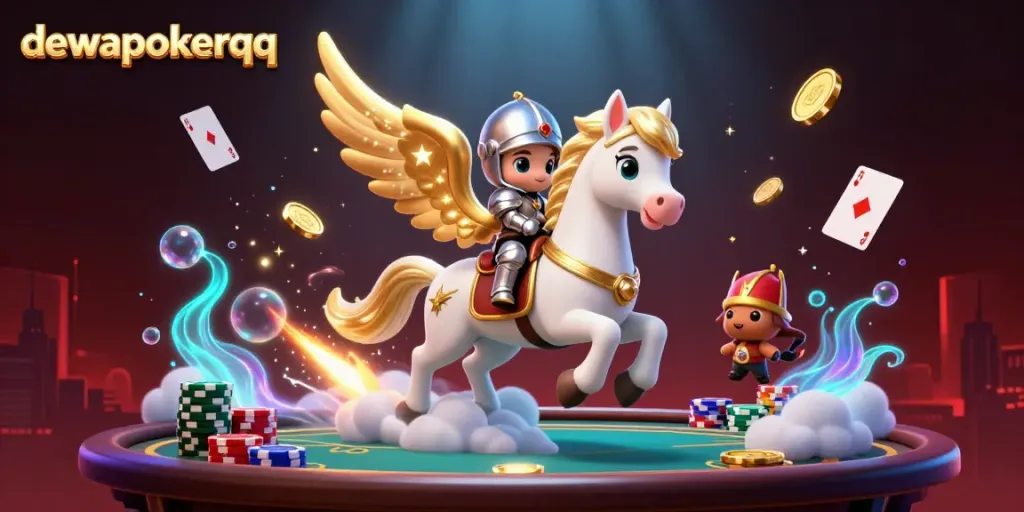 Experience thrilling action with dewapokerqq as a celestial knight rides a magical horse in a vibrant casino world.