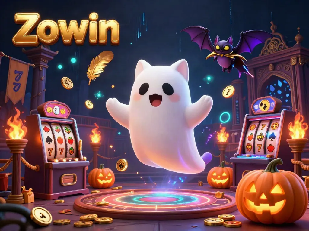 Engage in Zowin's haunted casino adventure featuring a ghost cat and vampire bat.