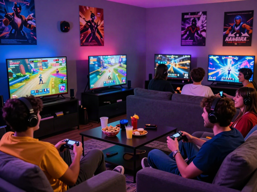 Players enjoying a porngame in a cozy gaming setup with vibrant graphics and snacks