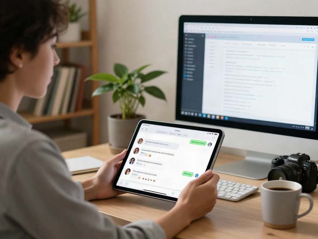 User engaging with nsfw ai chat on tablet in a cozy home office environment.