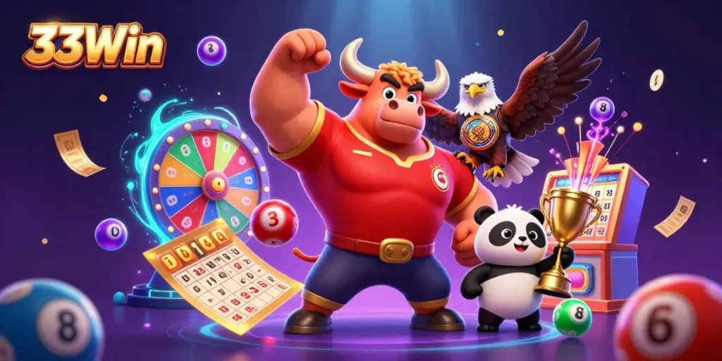 Engaging 33Win gaming scene featuring a bull mascot, an eagle, and a panda celebrating with vibrant lottery elements.